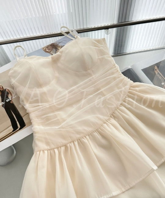 Apricot Tulle Ruched Tiered Mini Dress[Available Now]