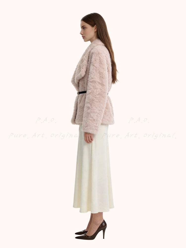 Soft Gold Mink Faux Fur Short Coat with Large Collar