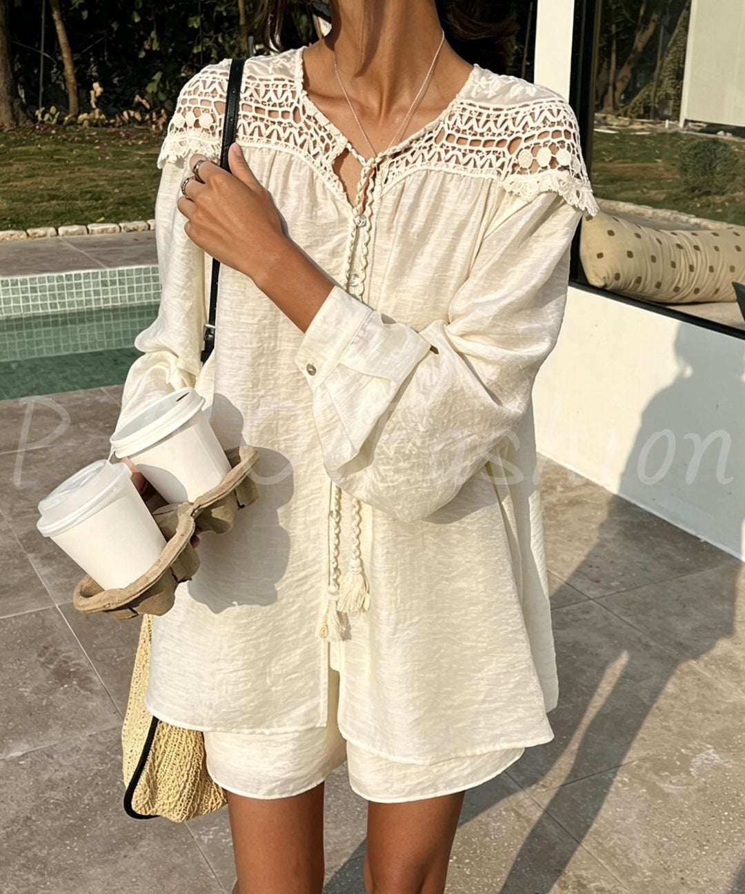 Tencel-Acetate Blend Lace Panel Shirt & Shorts Set[Available Now]