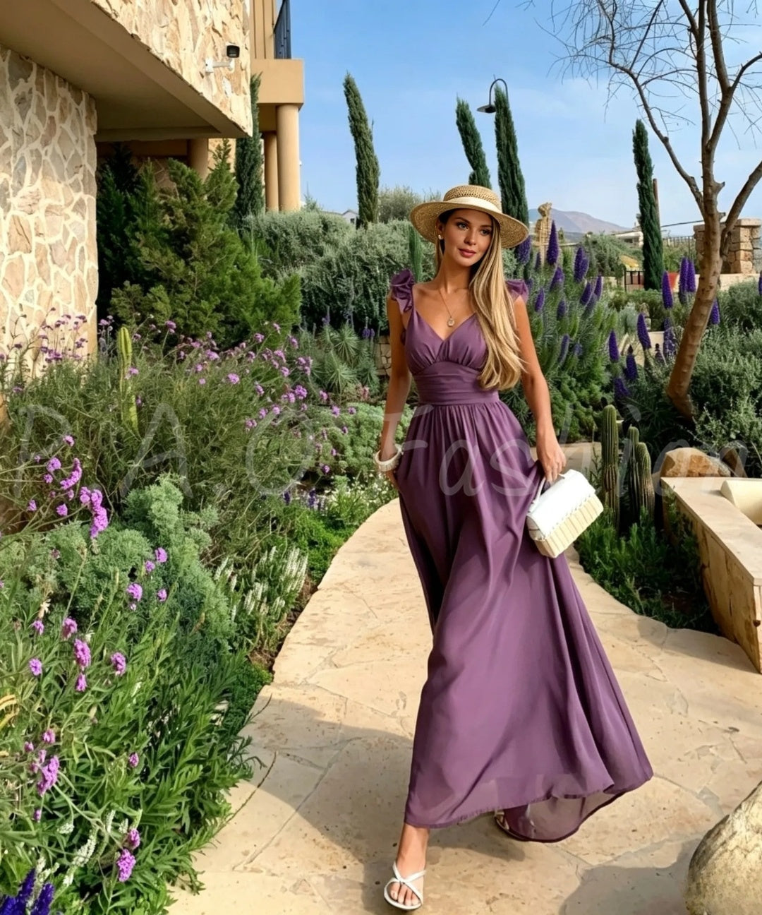 Ruffle Shoulder Open-Back Chiffon Maxi Dress