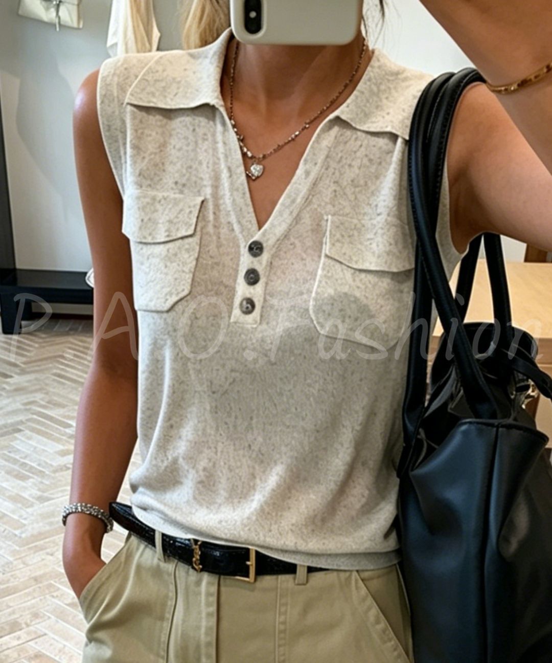 Linen-Blend Polo Knit Tank