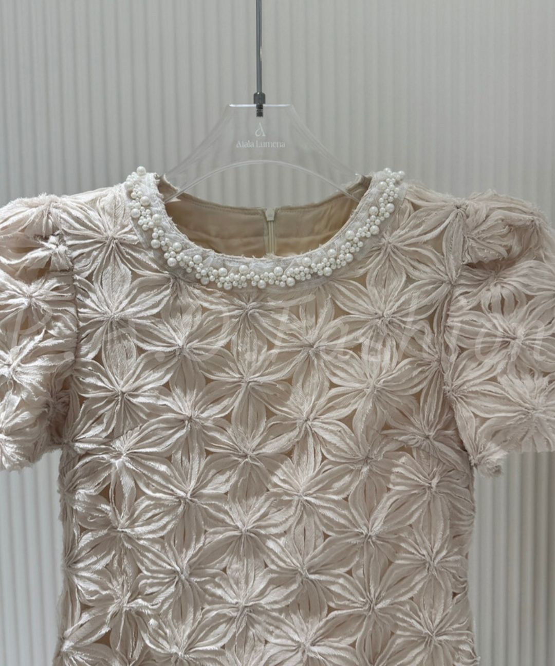 3D Floral Embellished Bubble Sleeve Mini Dress