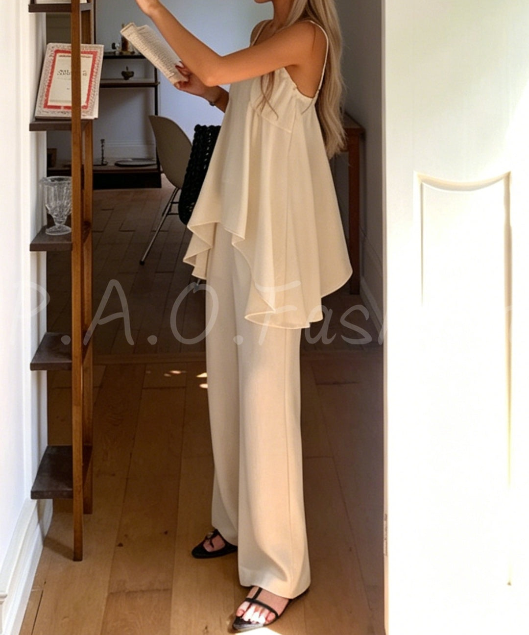 Asymmetrical V-Neck Spaghetti Strap Wide-Leg Two-Piece Set