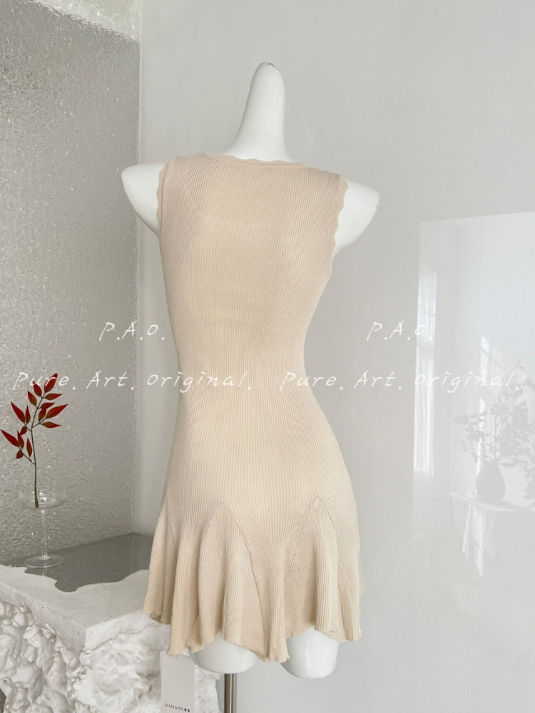 Sleeveless Ribbed Rhinestone Ruffle Knit Dress