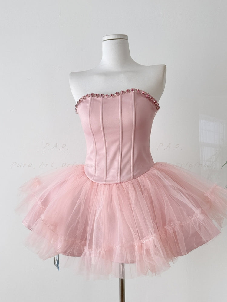 Rhinestone Corset Strapless Puff Mini Dress