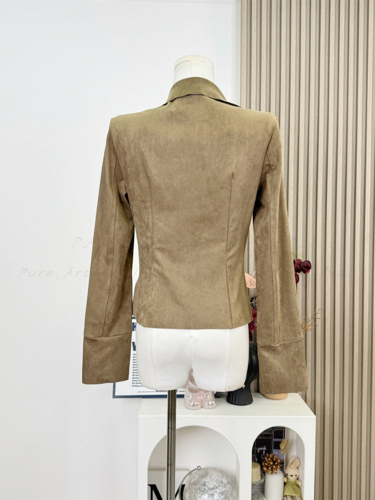 Oversized Collar Suede-Finish Slim Waist Short Coat