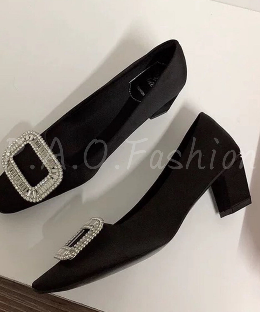 Square-Toe Satin Heels with Rhinestone Buckle