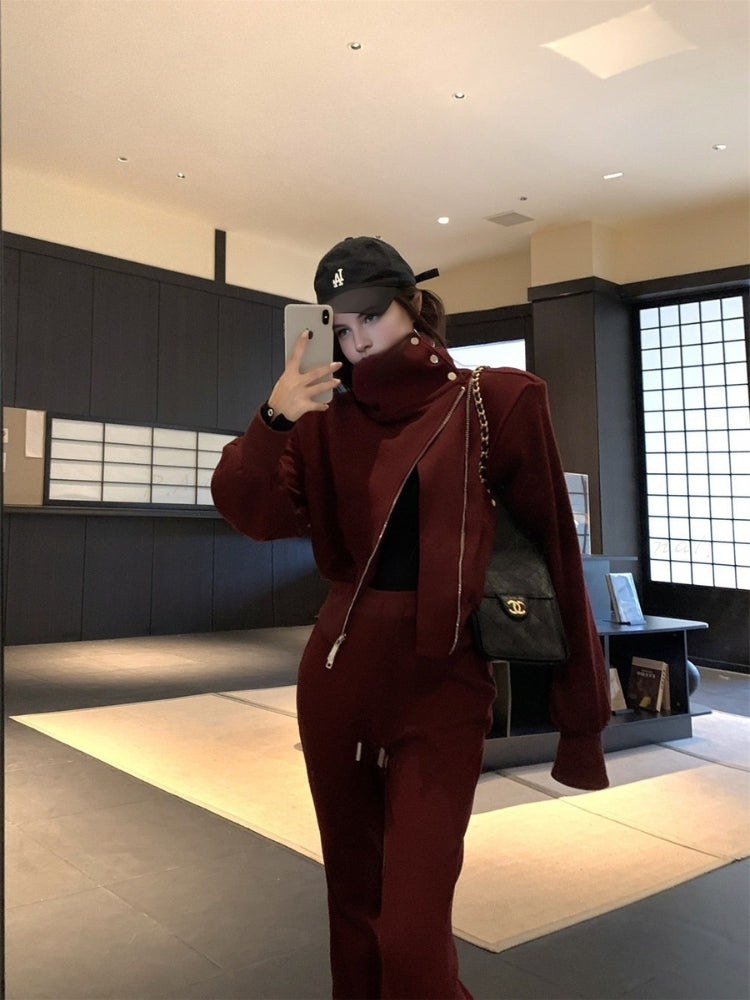 Slim-Fit Asymmetrical Zip Mock Neck Sweatshirt & Flared Pants Set