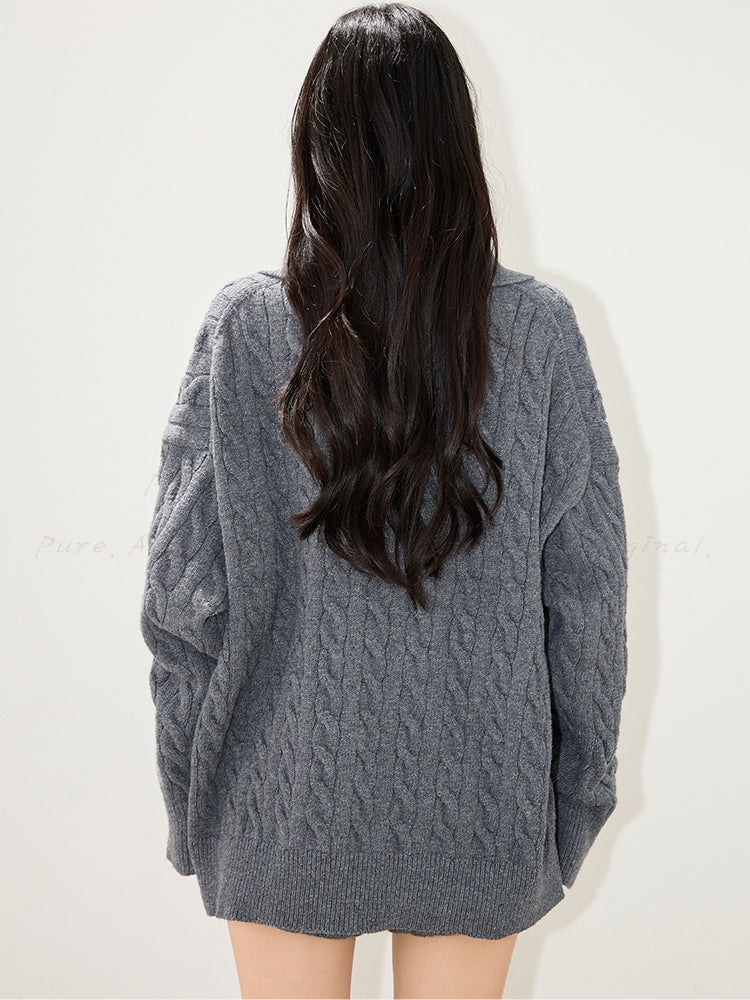 Polo Collar Cable-Knit Sweater & Shorts Two-Piece Set