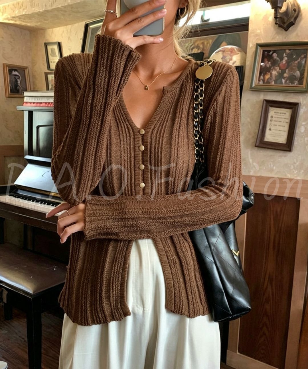 Ribbed V-Neck Button Knit Cardigan