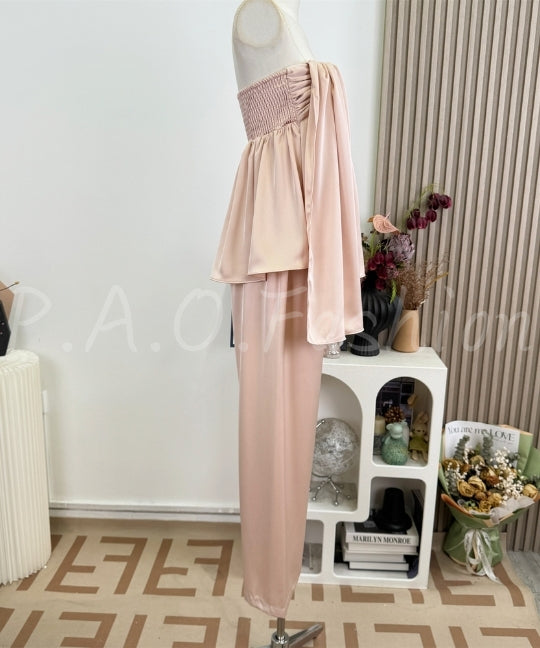 Twist Bandeau Satin Top & Wide-Leg Pants Set