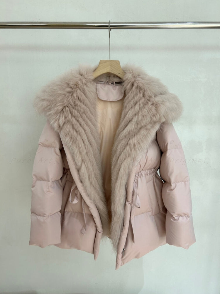 Warm Down Jacket with Turn-Down Collar & Detachable Fur Trim