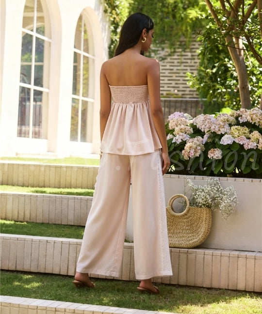 Twist Bandeau Satin Top & Wide-Leg Pants Set