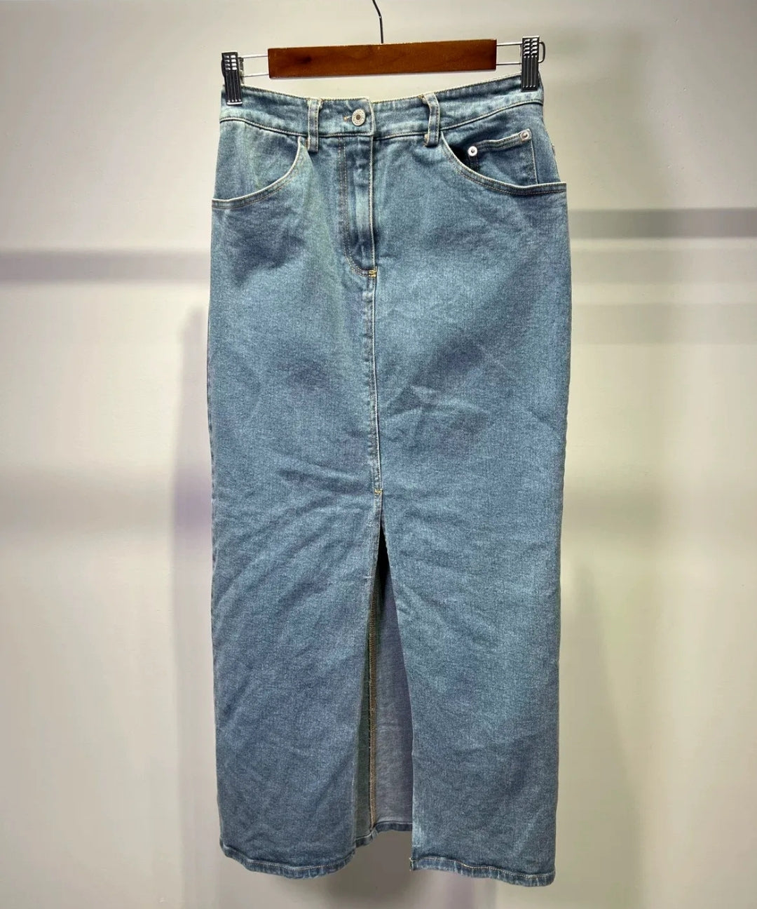 High-Waisted Front Slit Denim Straight Maxi Skirt