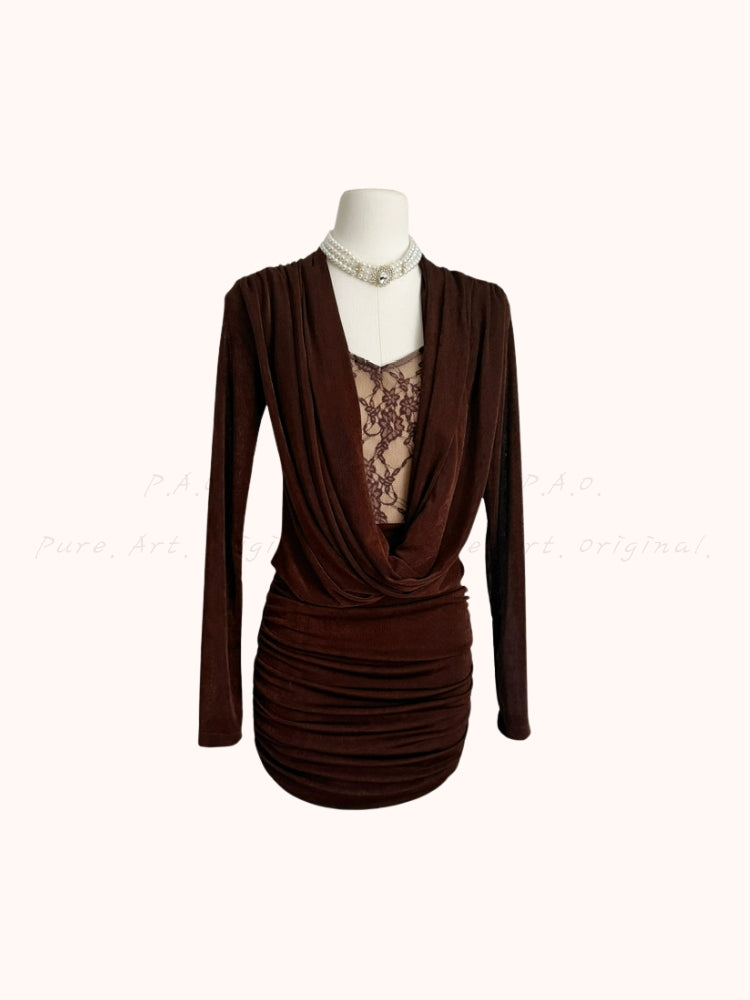 Drape Neck Long-Sleeve Lace Bodycon Mini Dress