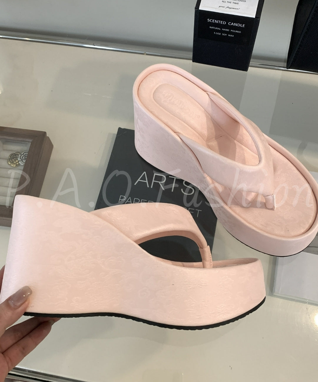 Velvet Satin 8cm Platform Wedge Thong Slides