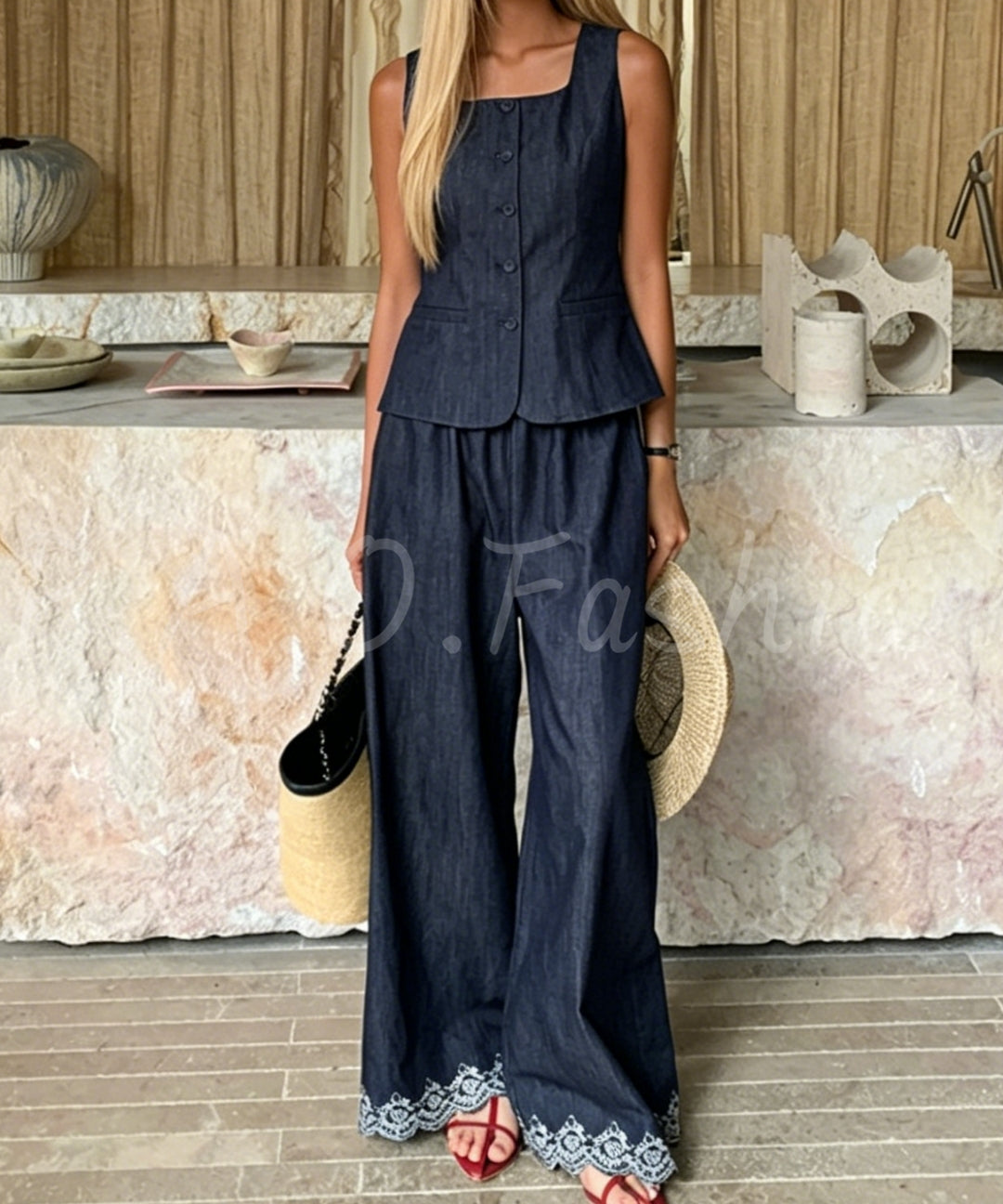 Lace Square-Neck Vest + Wide-Leg Pants Set[Available Now]