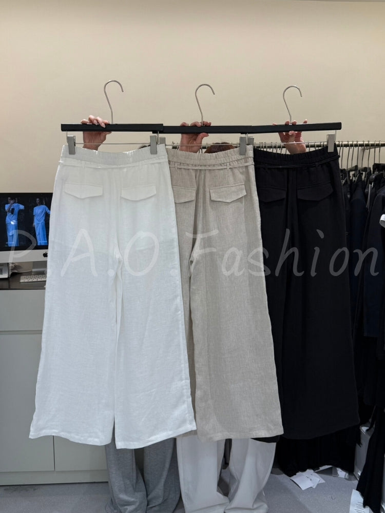 French Relaxed Linen Drawstring Wide-Leg Pants