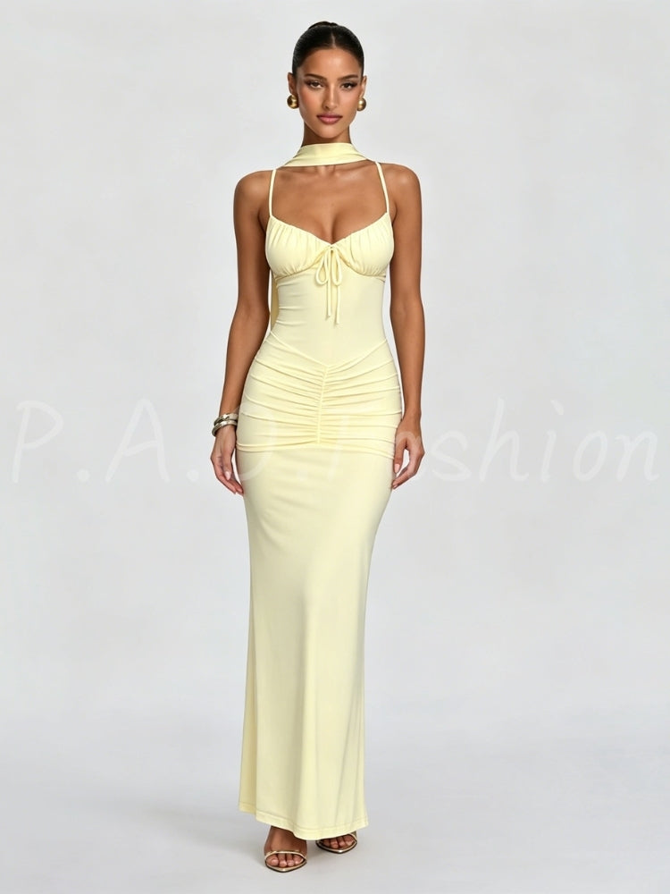 Halter Backless Maxi Dress – Ruched Bodycon Long Dress