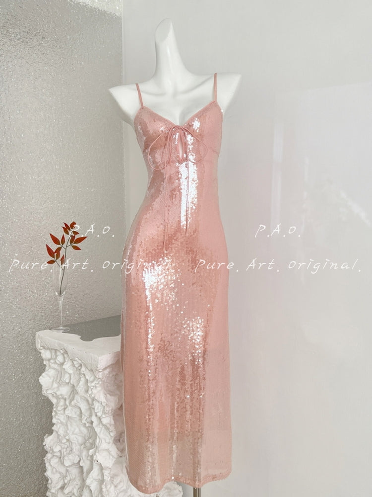 Halter Lace-Up Sequin Mermaid Maxi Dress