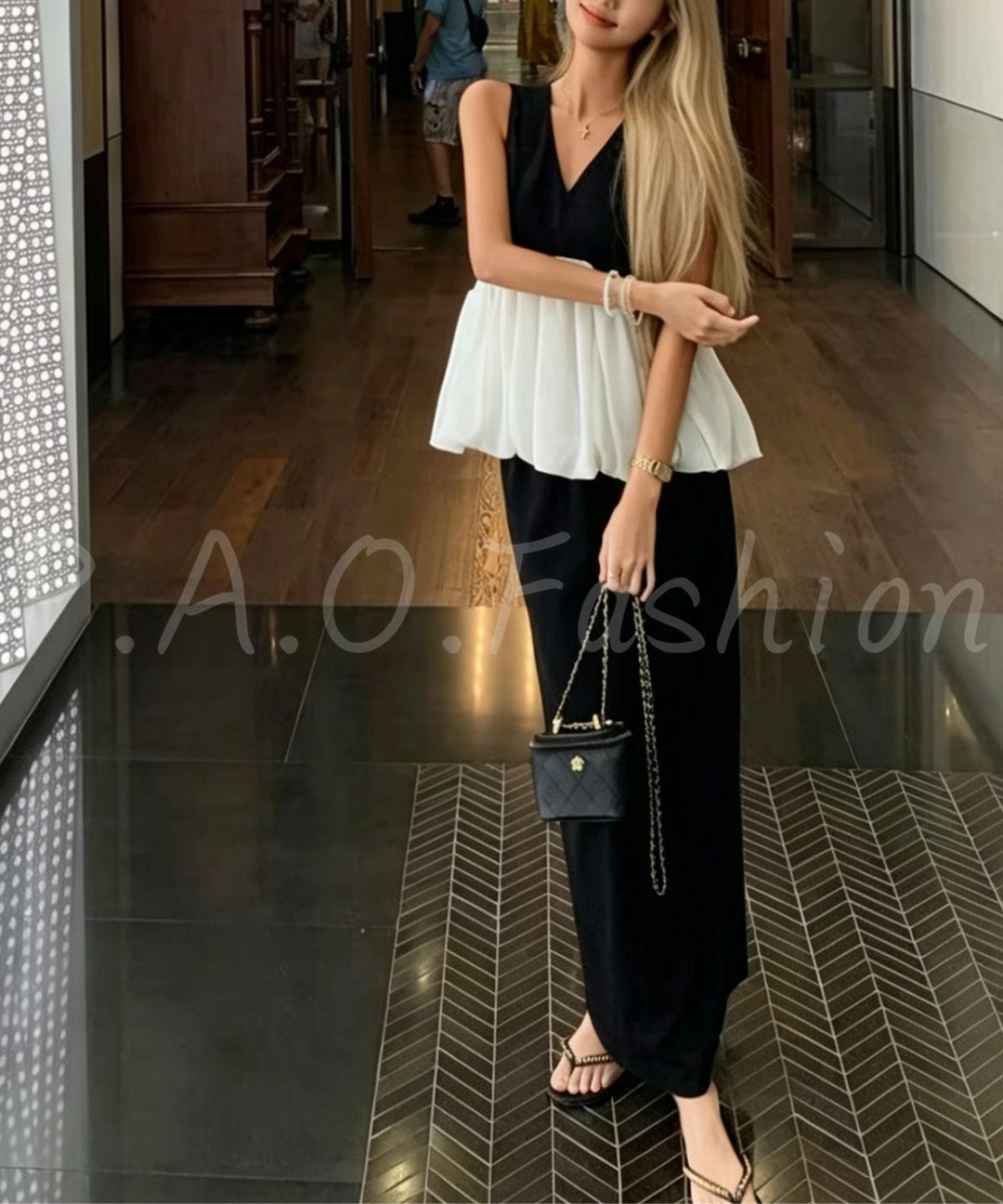 Black & White Contrast Peplum Top & Straight Skirt Set