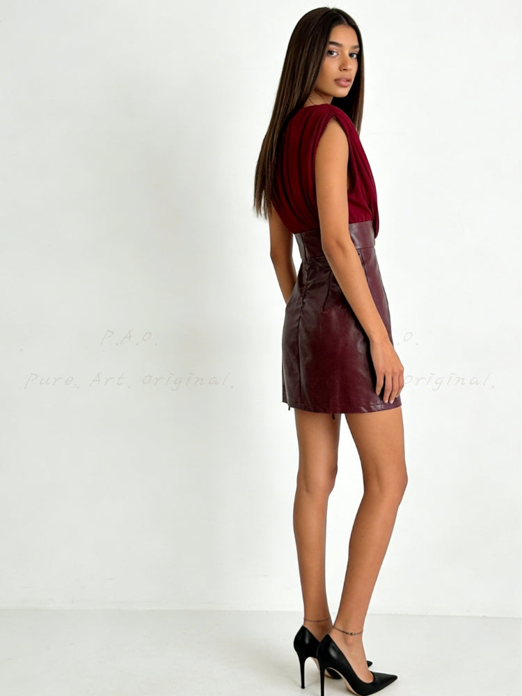 Deep V Sleeveless Faux Leather Bodycon Mini Dress