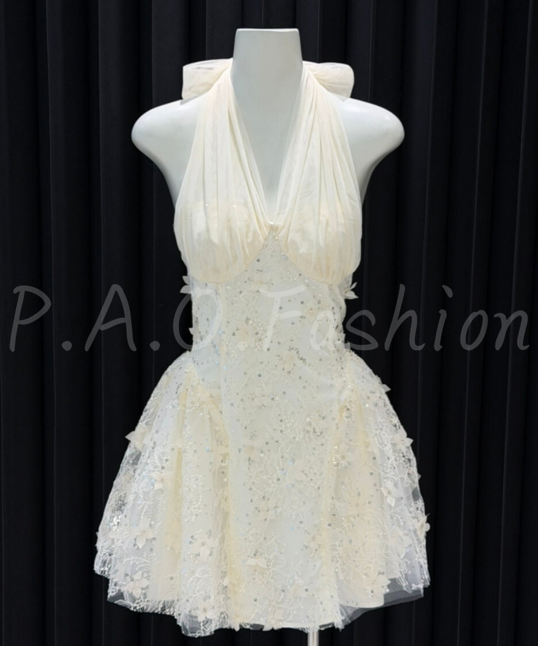 Halter Bow Sequin Lace Mini Dress[Available Now]