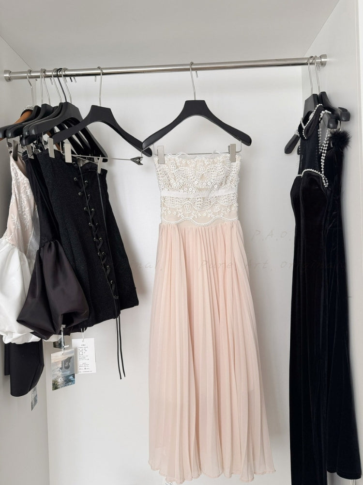 Lace Trim Pleated Strapless Midi Dress