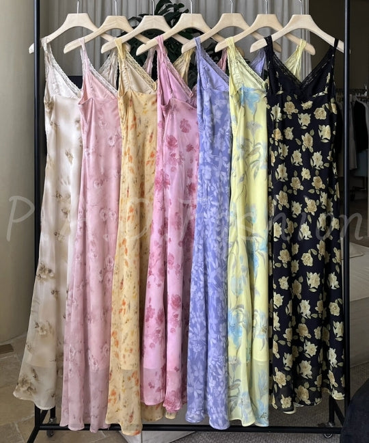 Lace Trim Floral V-Neck Slip Maxi Dress