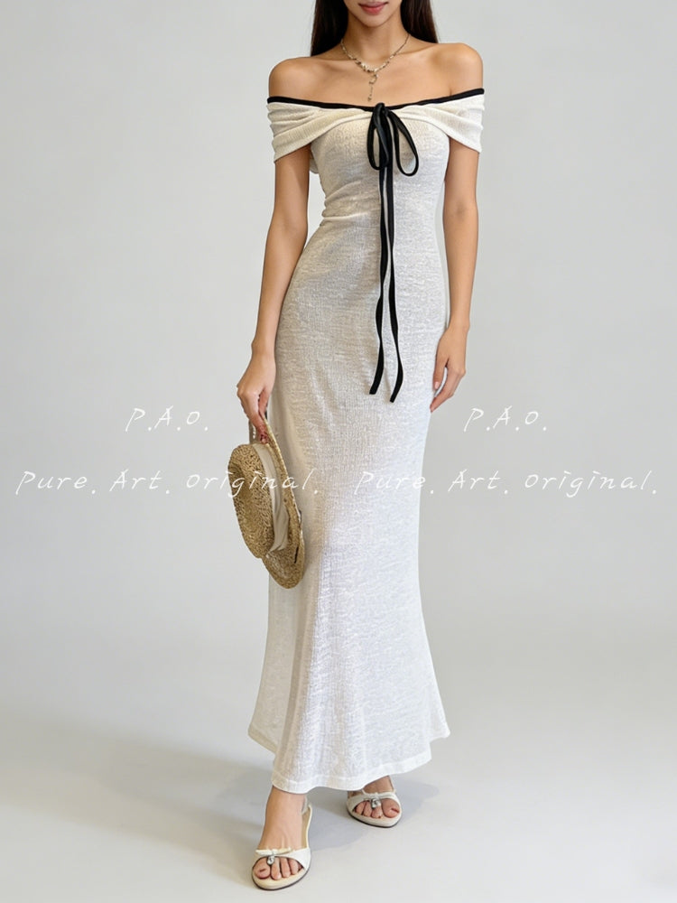 OFF-SHOULDER DRAPED KNIT MERMAID DRESS