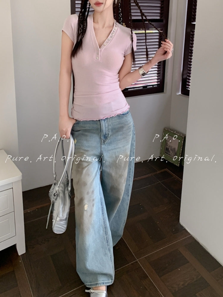 Ruched V-Neck Button Ribbed Crop Tee