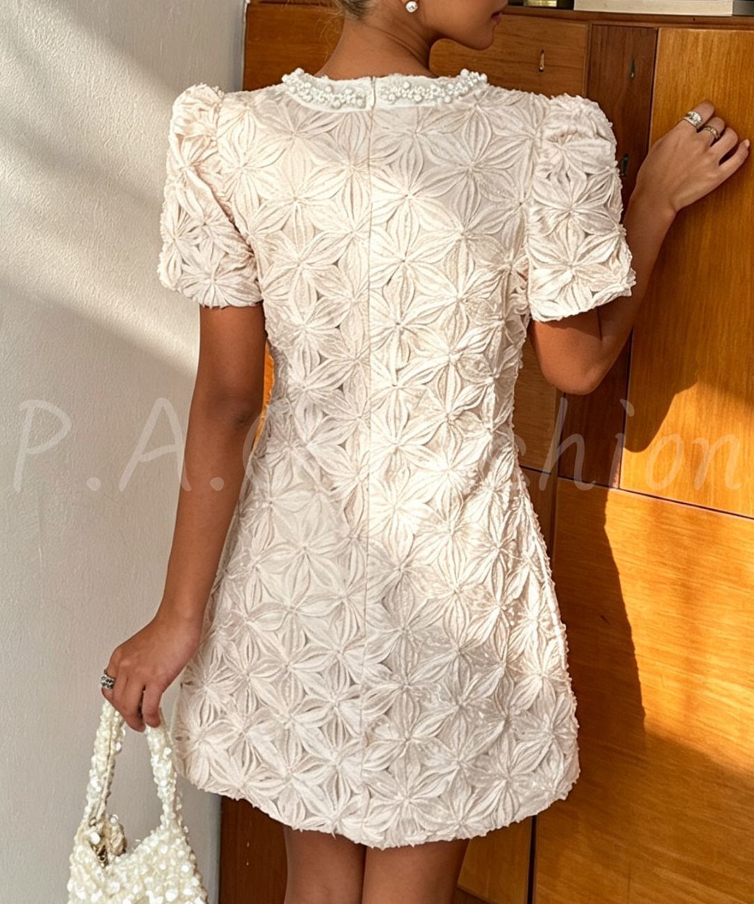 3D Floral Embellished Bubble Sleeve Mini Dress
