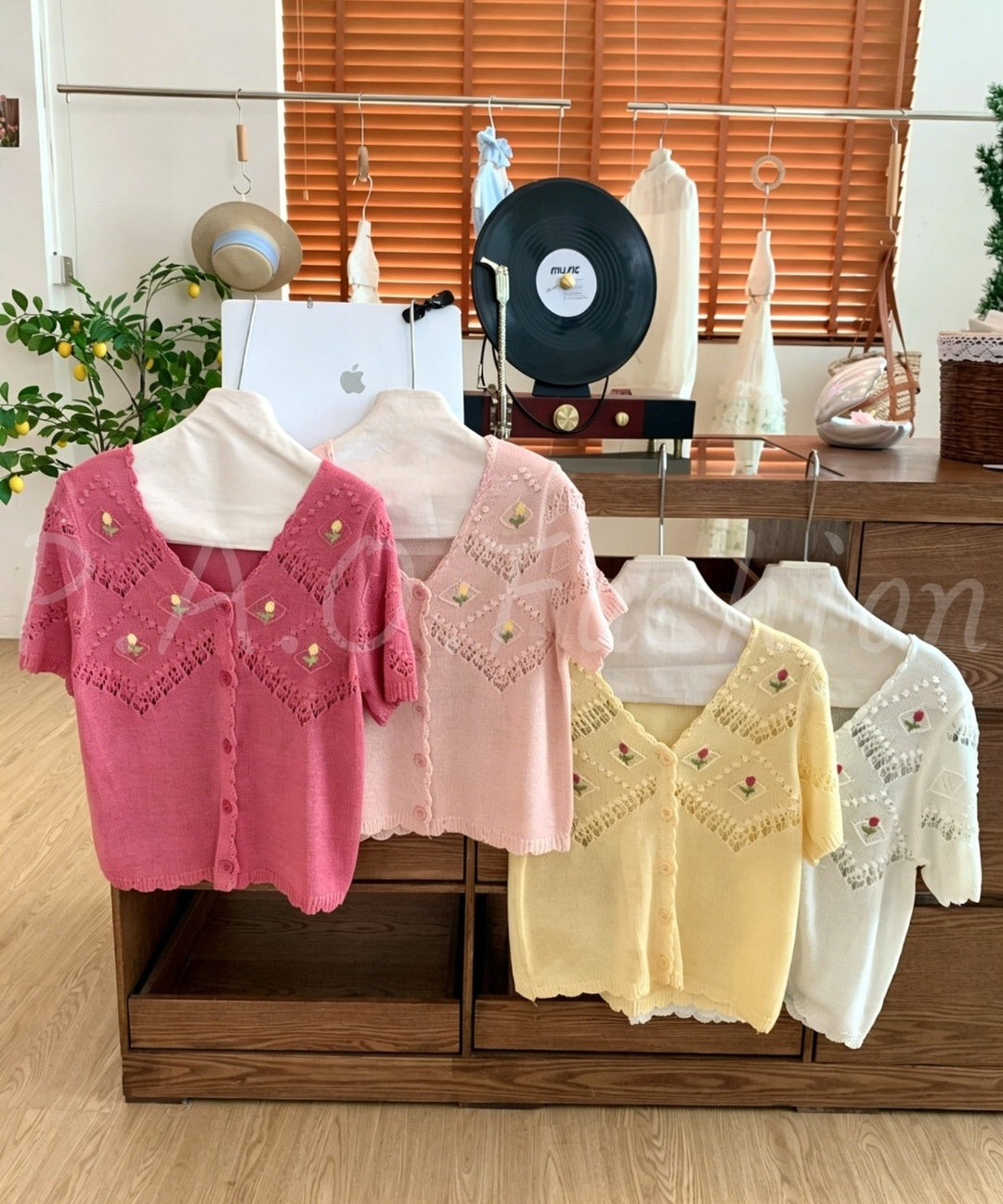 Embroidered Open-Knit V-Neck Short Sleeve Cardigan