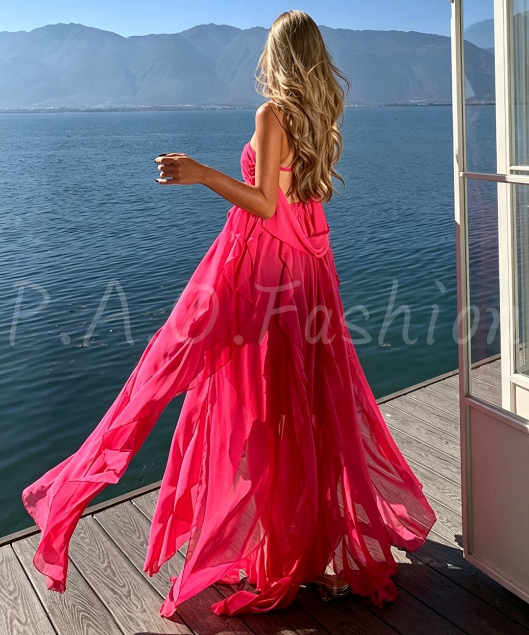 Rhinestone Bow Bandeau Ruffle Slit Chiffon Maxi Dress