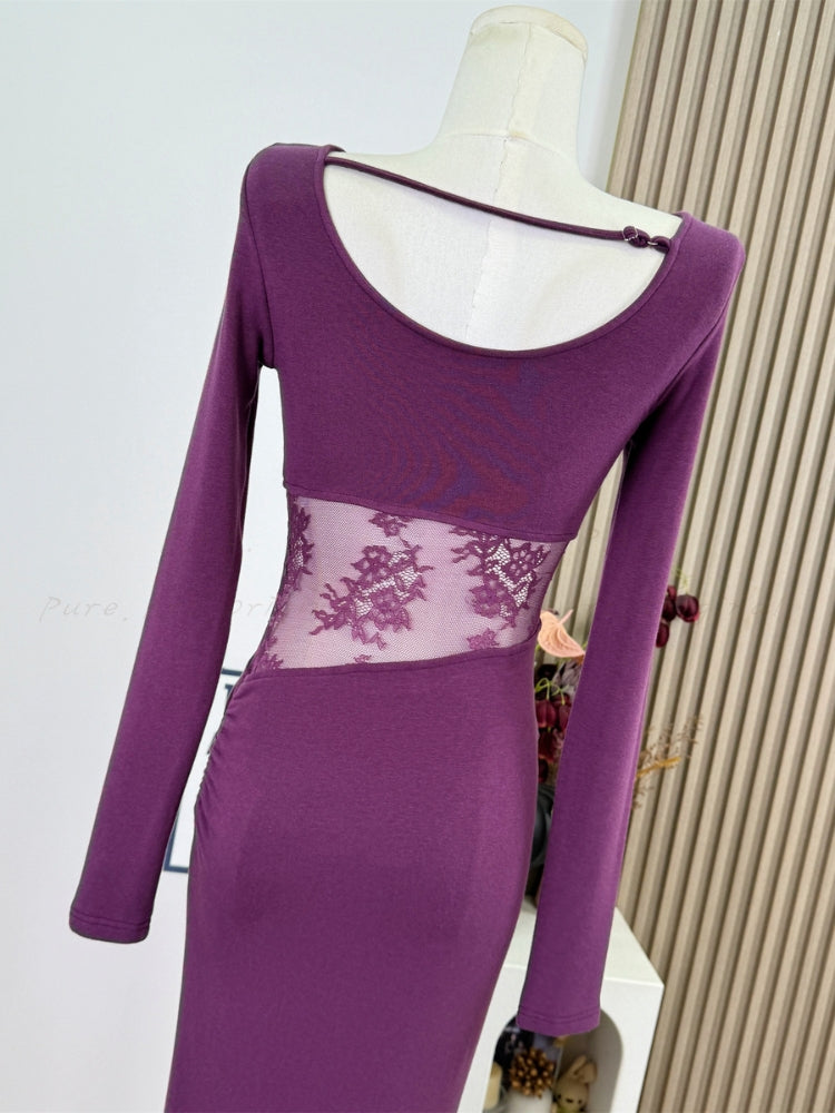 Lace Cutout Corset Detail Long Sleeve Dress