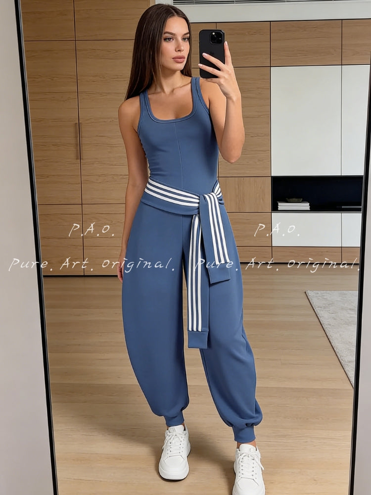 U‑Neck Contrast Striped Tie‑Up Zipper Barrel Jumpsuit