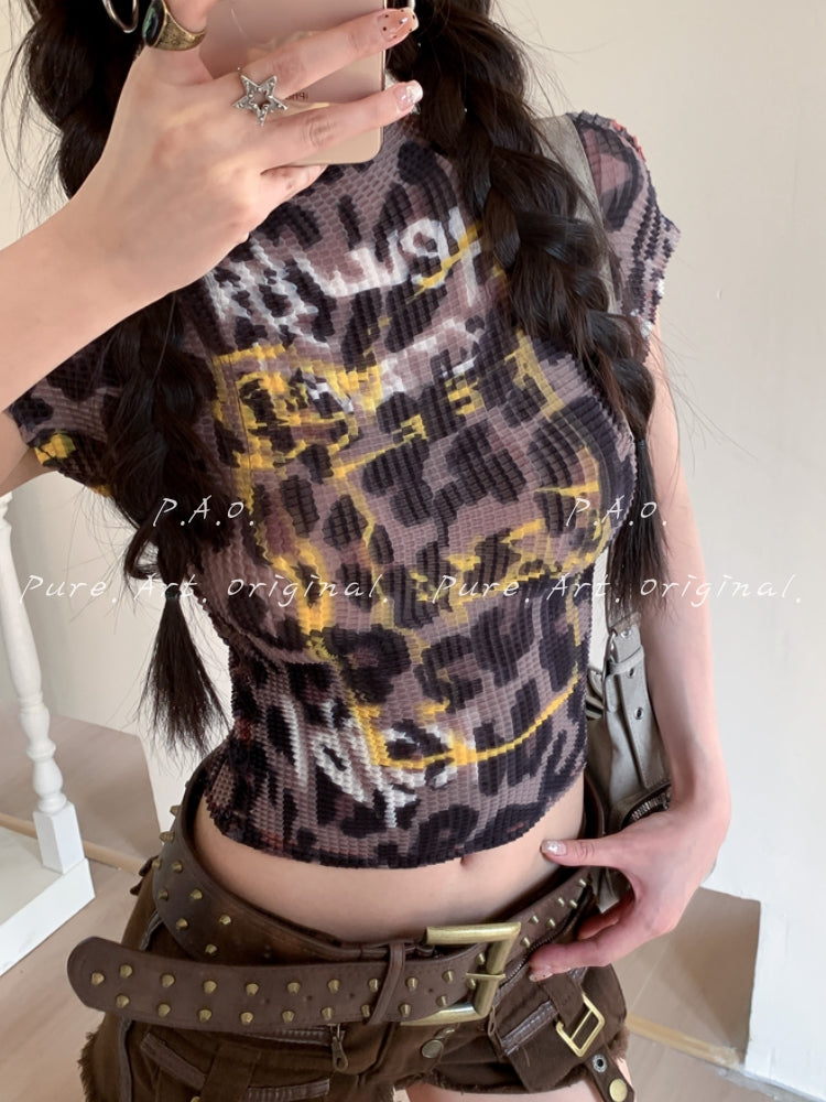 Leopard Print Ruched Mock Neck Crop Top