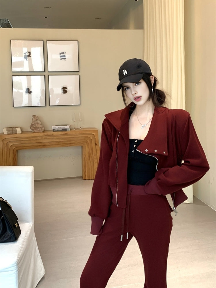 Slim-Fit Asymmetrical Zip Mock Neck Sweatshirt & Flared Pants Set