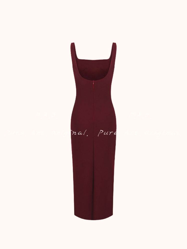Square Neck Ruched Bodycon Midi Dress