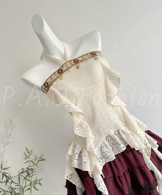 Boho Lace Halter Top & Burgundy Ruffle Mini Set[Available Now]