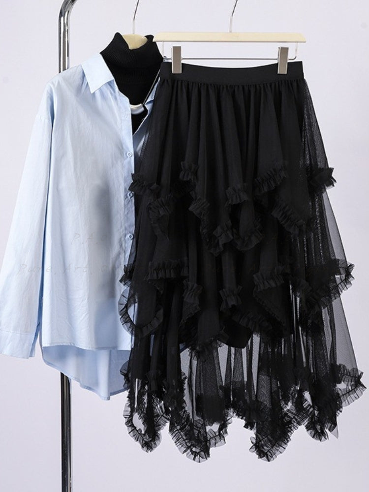 Ruffled Mesh Panel Midi Skirt