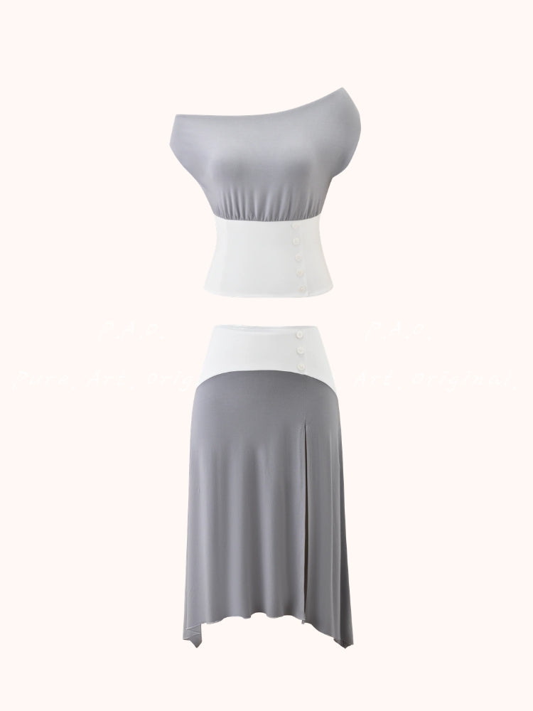 Contrast Off-Shoulder Waist-Cinch Skirt Set