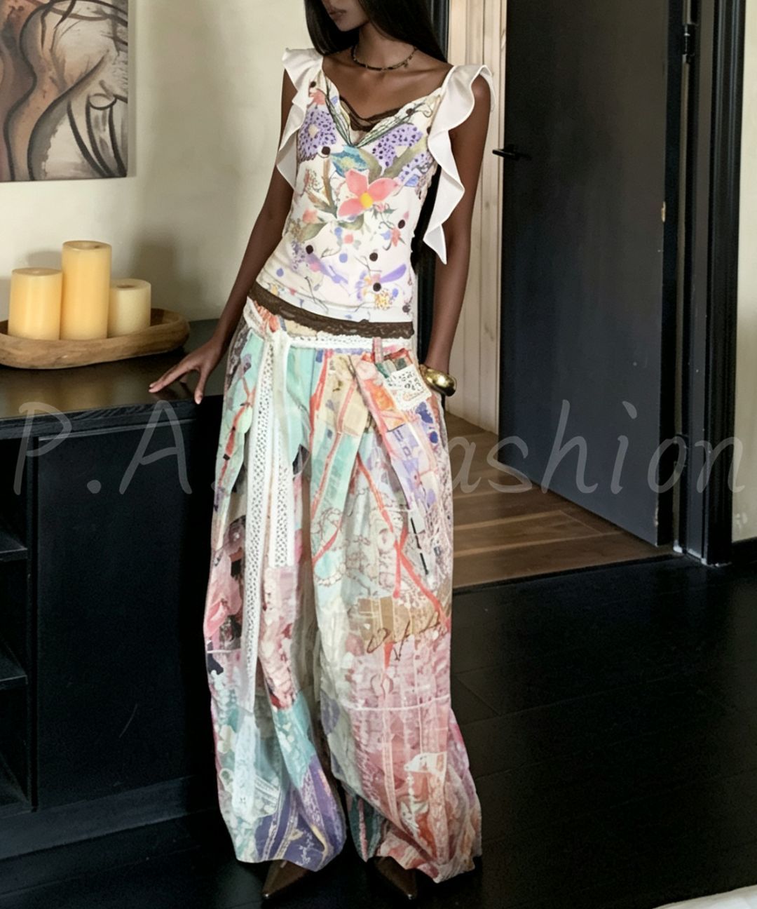 French Hand-Painted Floral Cami & Wide-Leg Pants Set