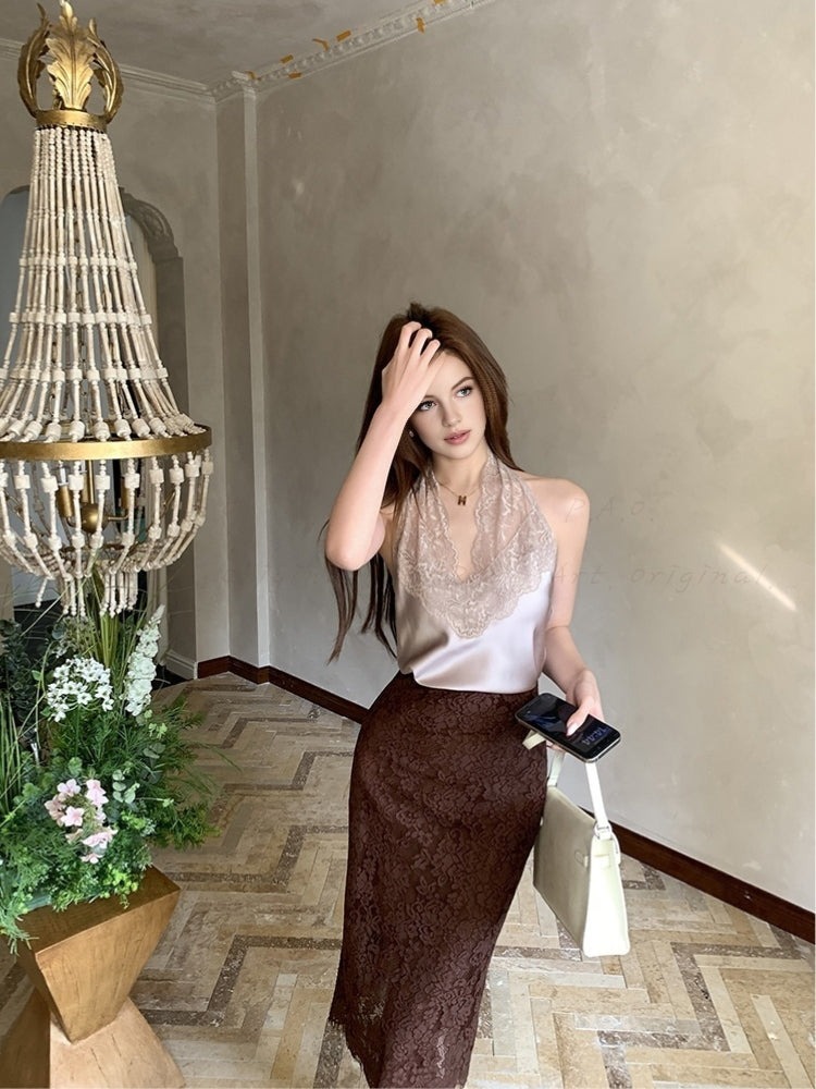 Lace Panel Halter Neck Cami