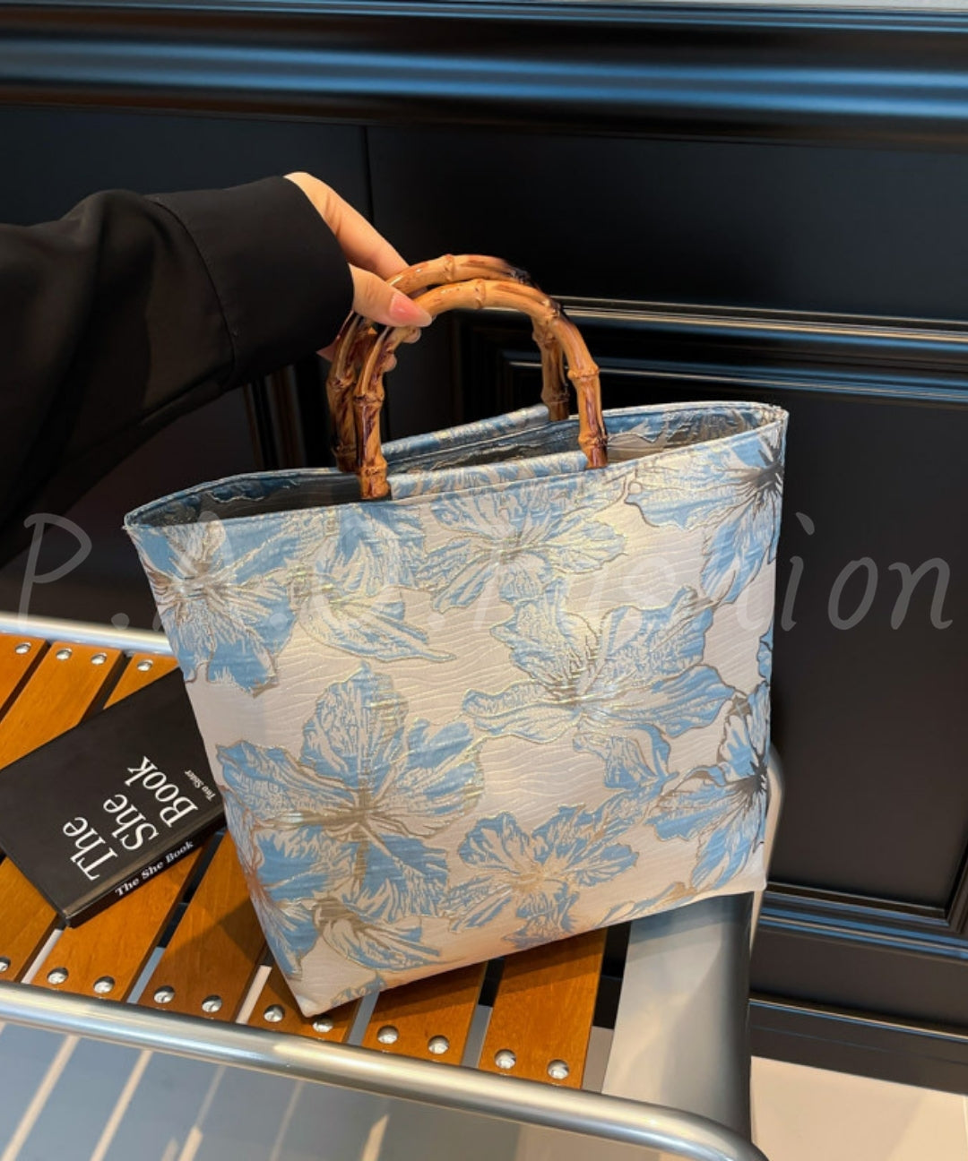 Floral Jacquard Bamboo Handle Tote Bag