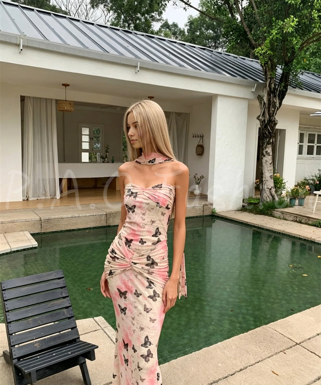 Butterfly Print Draped Scarf Mermaid Maxi Dress