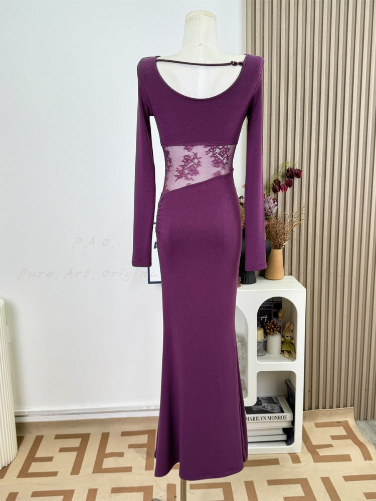 Lace Cutout Corset Detail Long Sleeve Dress