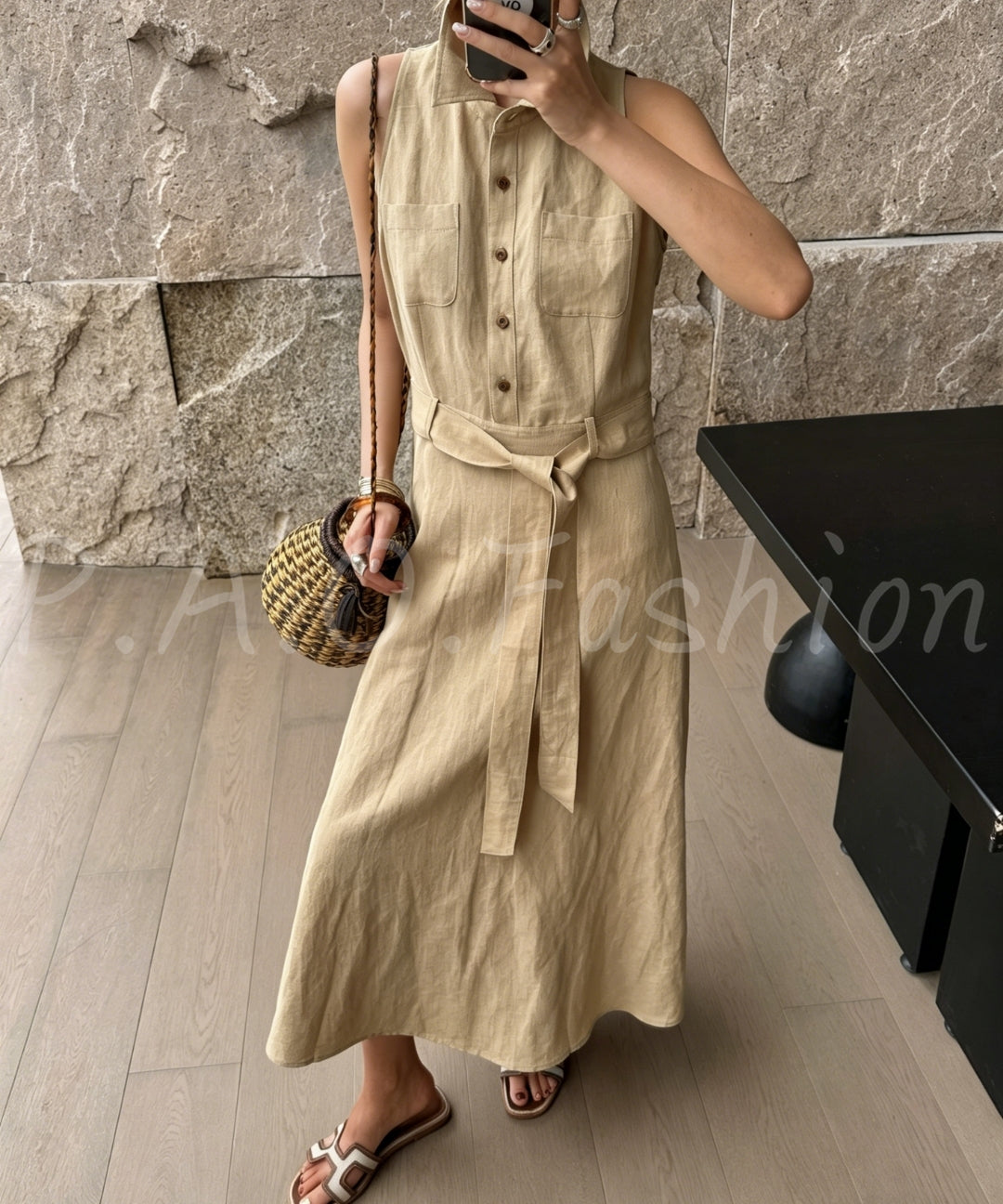 Linen Blend Sleeveless Shirt Dress