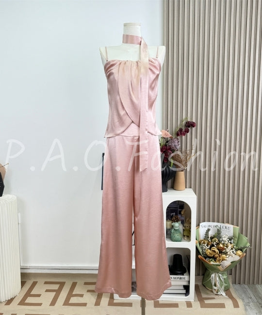 Satin Halter Scarf Top & Wide-Leg Pants Set