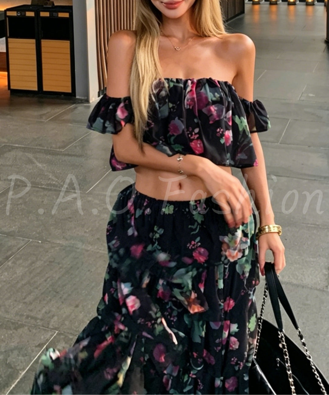 Floral Off-Shoulder Crop Top & Tiered Maxi Skirt Set